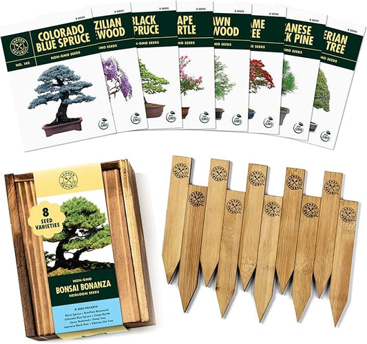 Bonsai Tree Seeds Kit - 8 Popular Varieties of Non GMO Mini Bonsai Trees, Bamboo Plant Markers, Wood Gift Box - Bonzie Tree Seed Starter Kits, Grow Bonzai Indoor, Fathers Day Gardening Gifts Idea