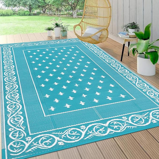 Pauwer Waterproof Outdoor Rug 6x9, Reversible Plastic Straw Patio Camping Rug, Indoor Outdoor RV Mat Carpet for Deck, Camper, Porch, Balcony, Backyard, Picnic, Bordered Teal