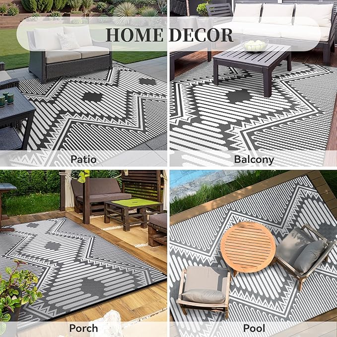 MontVoo Outdoor Rug 9x12 Waterproof Patio Rug-Outdoor Carpet Mat Reversible Plastic Straw Outside Outdoor Rug for RV Camping Picnic Beach Balcony Backyard Pool Deck Porch Modern Boho Grey