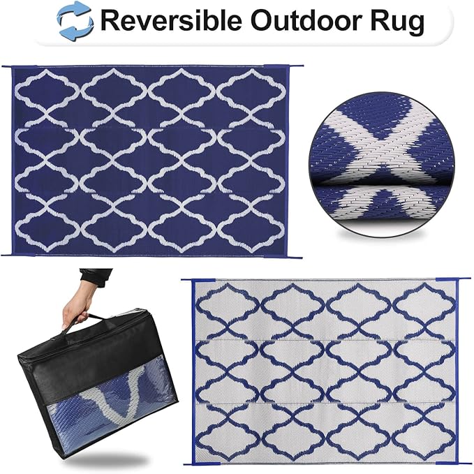 OutdoorLines Outdoor Plastic Area Rugs for Patio 5x8 ft - Reversible Outside Carpet, Stain & UV Resistant RV Mats, Straw Rug for Camping, Deck Garden, Porch and Balcony, Moroccan Navy & Light Grey