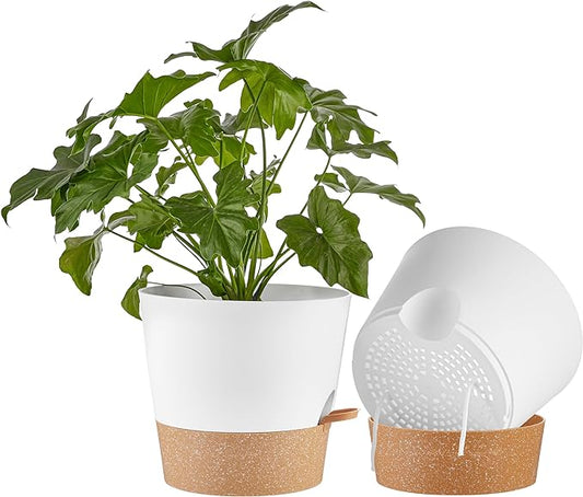 FaithLand 2-Pack 10 Inch Planter Pots for Indoor Outdoor Plants, Self Watering Flower Pots with Deep Reservoir, White with Terracotta …