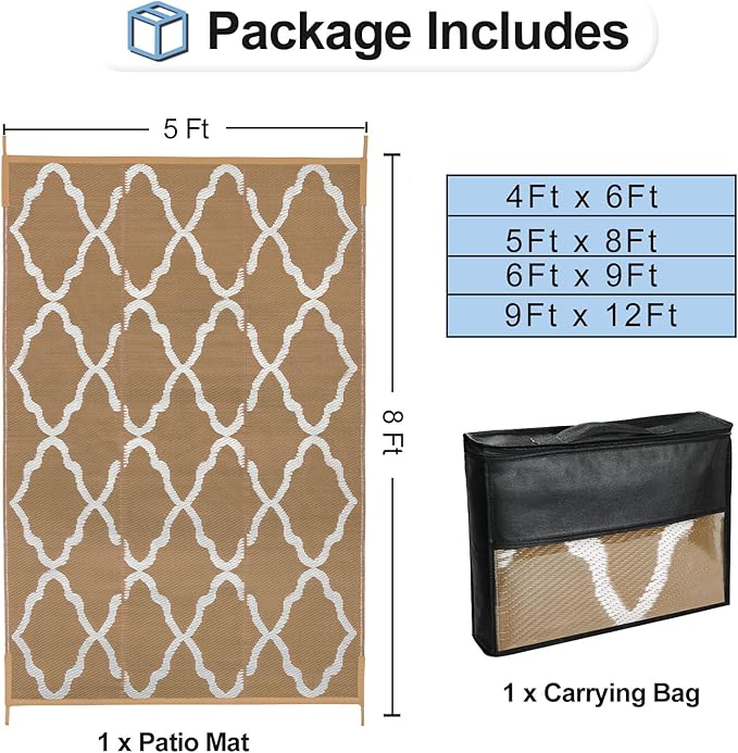 OutdoorLines Outdoor Plastic Area Rugs for Patio 5x8 ft - Reversible Outside Carpet, Stain & UV Resistant RV Mats, Straw Rug for Camping, Deck Garden, Porch and Balcony, Moroccan/Brown & Light Grey