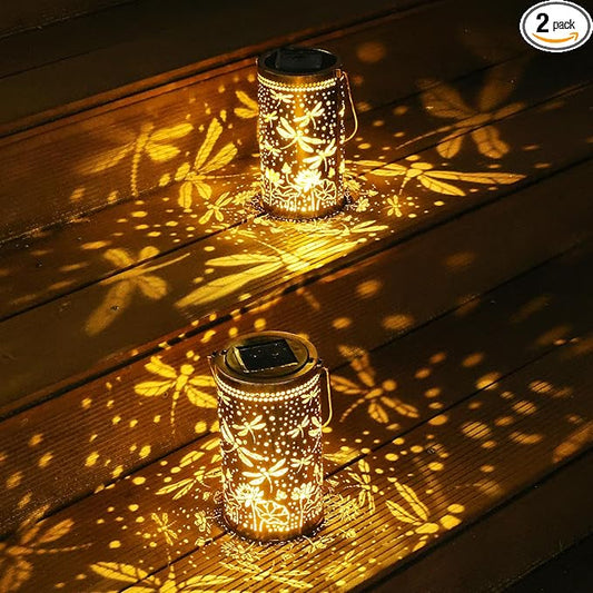 Fabuday Dragonfly Lotus Outdoor Solar Lantern Waterproof 2 Pack - Hanging Solar Power Lights Led for Outside, Garden Decor for Patio, Porch, Balcony, Yard and Deck, Gardening Decoration Gift for Women