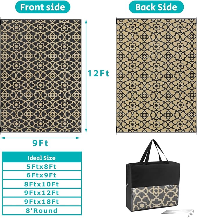 HEBE Outdoor Rug Waterproof 9x12, Reversible Plastic Straw Rug RV Camping Rug, Indoor Outdoor Patio Mat Clearance, Outside Carpet for Porch,Deck,Camper,Balcony,Backyard,Picnic