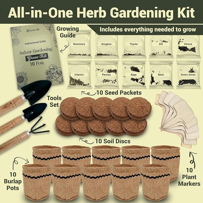 10 Herb Garden Planter Indoor Kit, 44pcs Complete Kitchen Herb Starter Set Including Burlap Pots, Markets, Soil Discs, Gardening Tools, Unique Easter/Birthday/Christmas Gift Ideas for Women, Mom