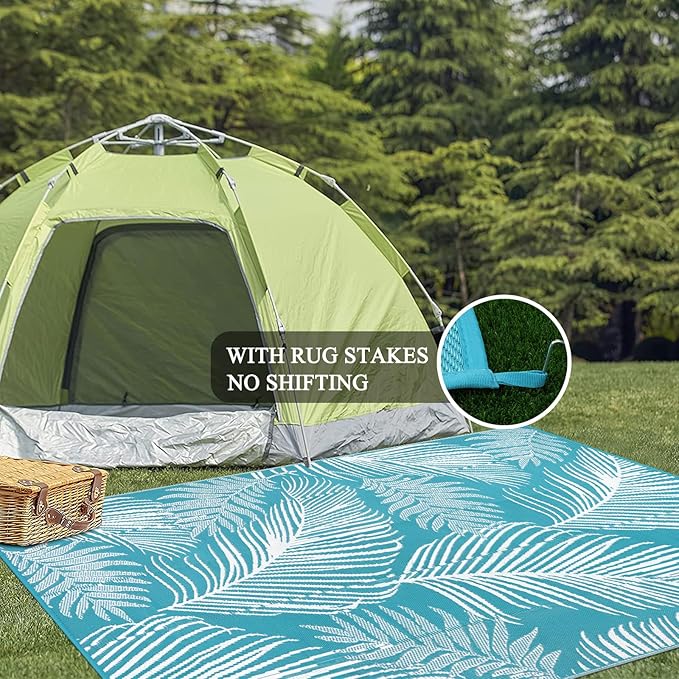 Pauwer Waterproof Outdoor Rug 9x12, Reversible Plastic Straw Patio Camping Rug, Indoor Outdoor RV Mat Carpet for Deck, Camper, Porch, Balcony, Backyard, Picnic, Leaf Teal