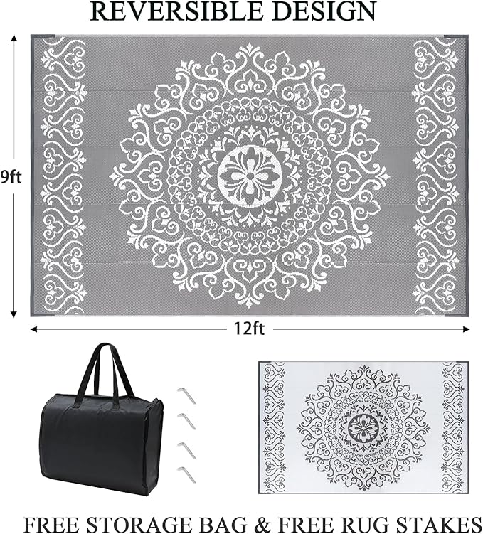 Pauwer Waterproof Outdoor Rug 9x12, Reversible Plastic Straw Patio Camping Rug, Indoor Outdoor RV Mat Carpet for Deck, Camper, Porch, Balcony, Backyard, Picnic, Floral Grey