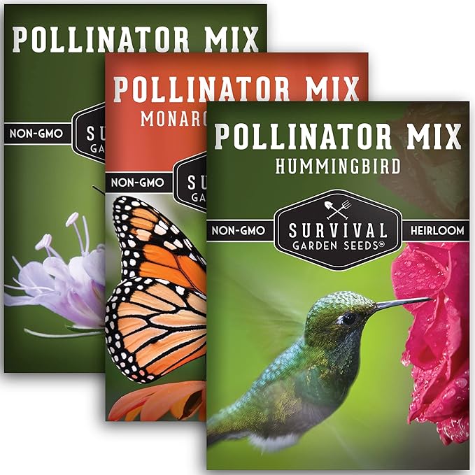 Survival Garden Seeds Pollinator Flower Collection - 3 Seed Packs for Planting & Attracting Butterflies, Bees, Hummingbirds - Nectar & Pollen Rich Perennial & Annual Wildflowers - Non-GMO Heirloom