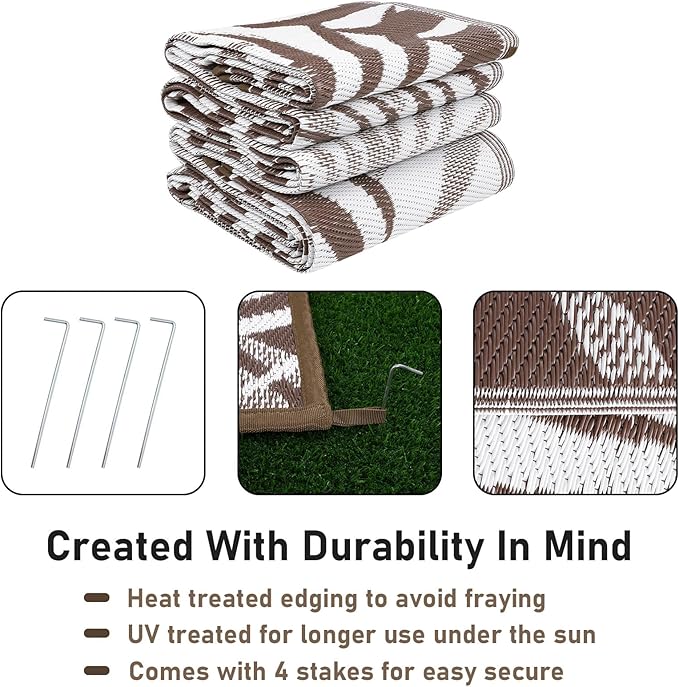 Outdoor Rug Waterproof for Patios Clearance, Reversible Outdoor Plastic Straw Rug Camping Carpet, Outside Floor Mats Large Area Rugs for RV,Patio,Deck,Porch,Beach,Balcony,10'x8',Brown&White