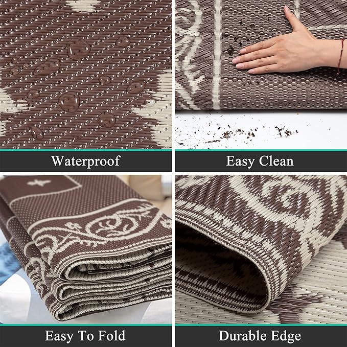 Pauwer Waterproof Outdoor Rug 6x9, Reversible Plastic Straw Patio Camping Rug, Indoor Outdoor RV Mat Carpet for Deck, Camper, Porch, Balcony, Backyard, Picnic, Bordered Brown