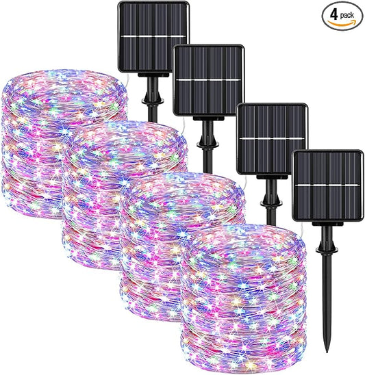 Extra-Long 288FT 800LED Solar Fairy String Lights, 4-Pack 72FT 200 LED Outdoor Twinkle Lights Waterproof, 8 Lighting Modes, Multicolor Silver Wire Lights for Deck Backyard Tree Garden Fence Pool Party