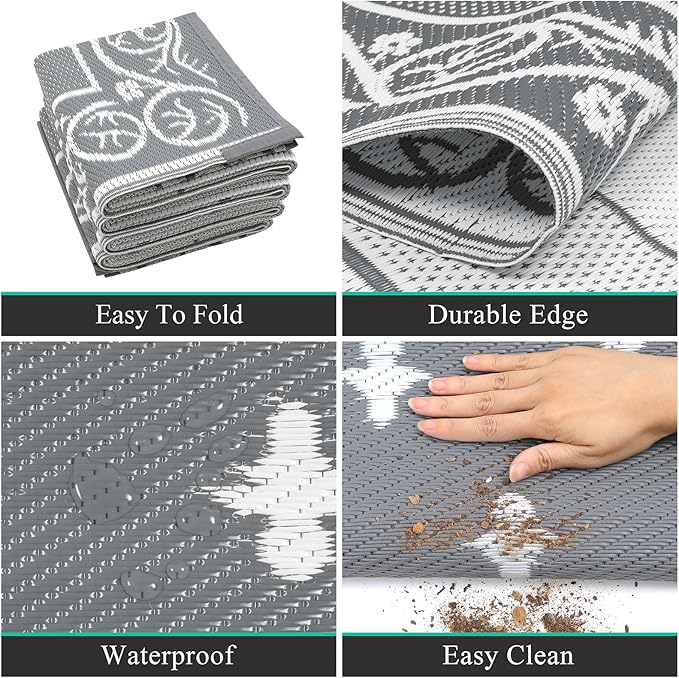 Pauwer Waterproof Outdoor Rug 6x9, Reversible Plastic Straw Patio Camping Rug, Indoor Outdoor RV Mat Carpet for Deck, Camper, Porch, Balcony, Backyard, Picnic, Bordered Grey