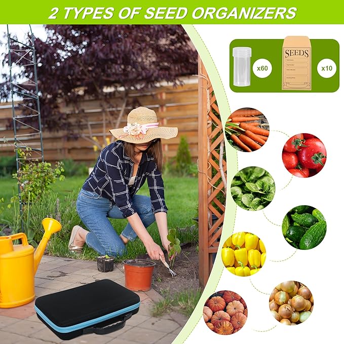 60 Slots Seed Storage Organizer Box with 10 Seed Envelopes, Large Capacity Seed Storage Container with Zipper Bag, Label Stickers, Tweezers, Funnel, Garden Seeds Saver Kit for Vegetable, Flower