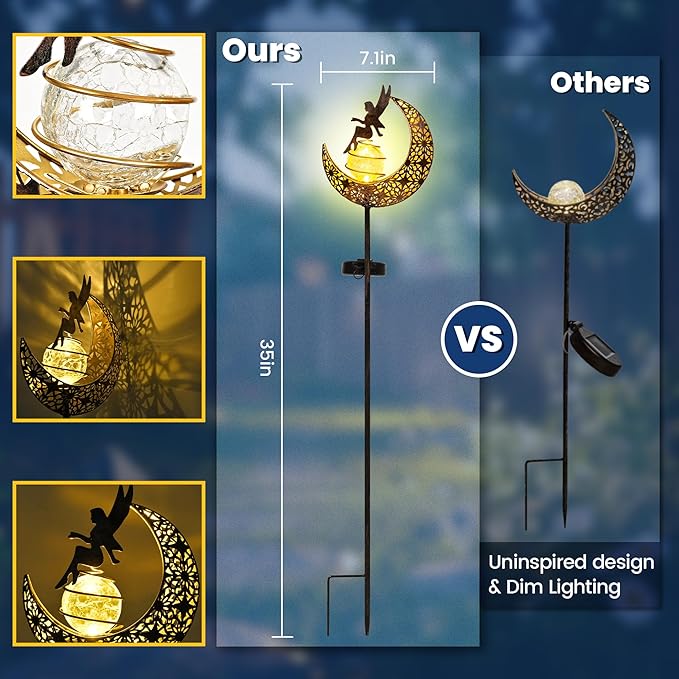 Fairy Moon Solar Lights Outdoor Garden Stakes, Waterproof Metal Decor Gifts for Women Mom, Art Moon Sculpture for Yard, Patio, Garden, Porch, 1 Pack