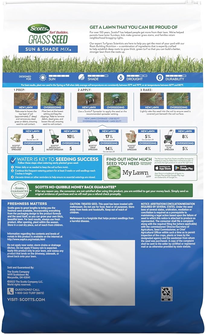 Scotts Turf Builder Grass Seed Sun and Shade Mix with Fertilizer and Soil Improver, Thrives in Many Conditions, 16 lbs.