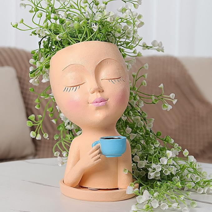 Face Pot for Plants, with a Base,Face Flower Pot for Indoor Outdoor Plants Resin Succulent Planter with Drainage Hole Cute Lady Face Plant Pots(Lignt Orange)