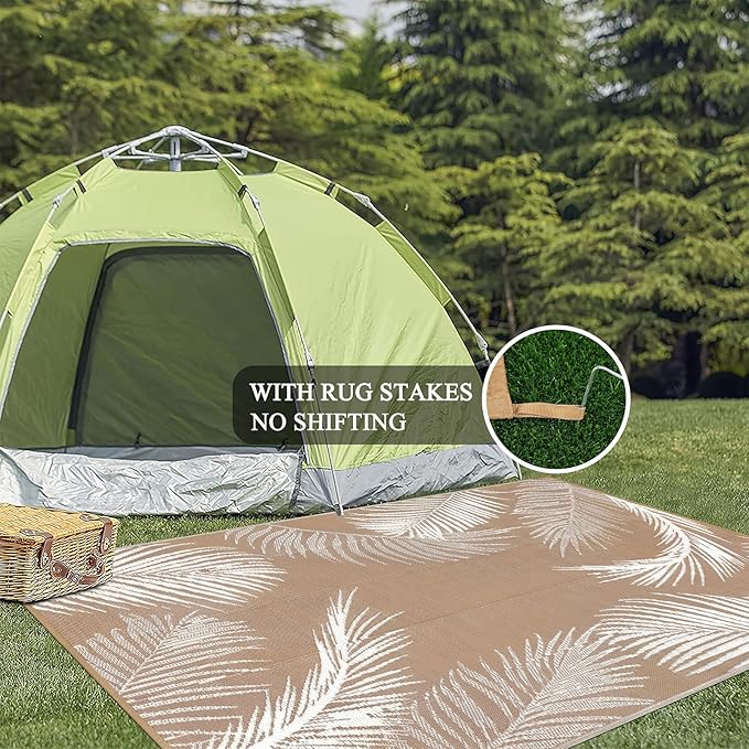 Pauwer Waterproof Outdoor Rug 6x9, Reversible Plastic Straw Patio Camping Rug, Indoor Outdoor RV Mat Carpet for Deck, Camper, Porch, Balcony, Backyard, Picnic, Leaf Brown