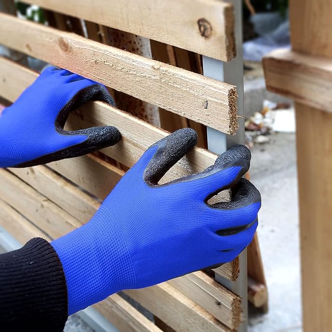 Evridwear Crinkle Latex Rubber Hand Coated Safety Work Gloves for Men Women General Multi Use Construction Warehouse Gardening Assembly Landscaping (Medium,Blue- 12Pair)