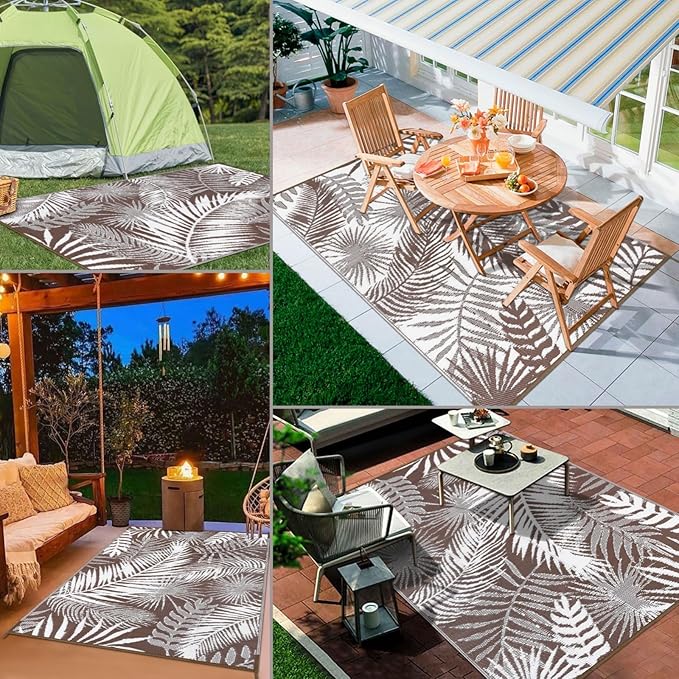 Outdoor Rug Waterproof for Patios Clearance, Reversible Outdoor Plastic Straw Rug Camping Carpet, Outside Floor Mats Large Area Rugs for RV,Patio,Deck,Porch,Beach,Balcony,10'x8',Brown&White