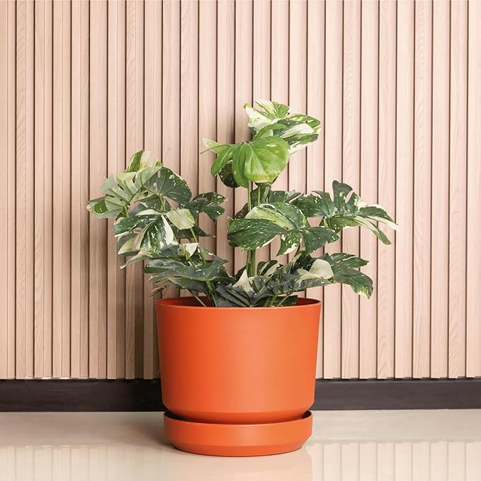 Elly Décor 14 inch Plastic Cylinder Planter Pot with Self-Watering Saucer and Drainage Hole,Lightweight & Extremely Durable, 14"x 14", Terracotta