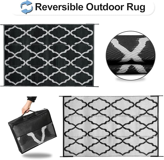 OutdoorLines Outdoor Plastic Area Rugs for Patio 4x6 ft - Reversible Outside Carpet, Stain & UV Resistant RV Mats, Straw Rug for Camping, Deck Garden, Porch and Balcony, Moroccan Black & Light Grey