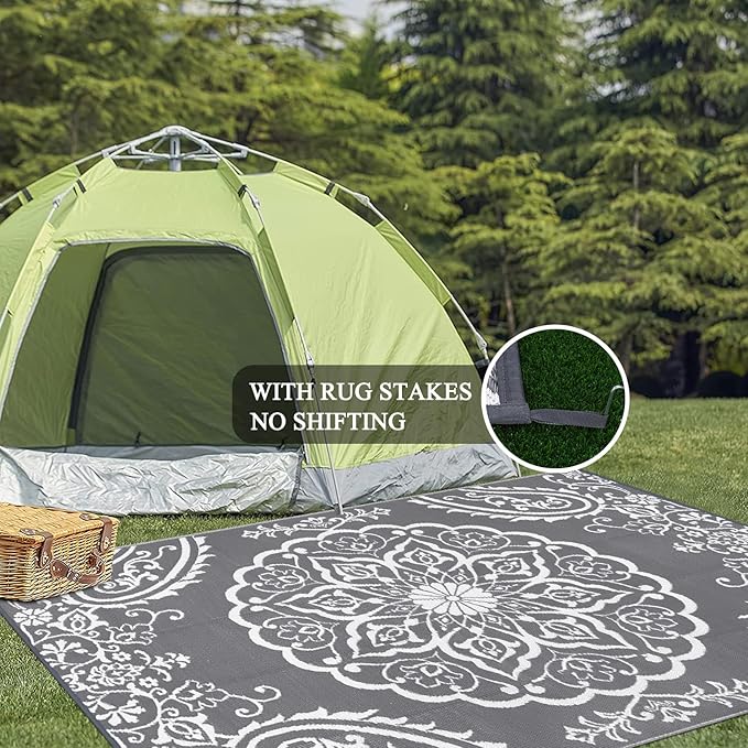 Pauwer Waterproof Outdoor Rug 10x14, Reversible Plastic Straw Patio Camping Rug, Indoor Outdoor RV Mat Carpet for Deck, Camper, Porch, Balcony, Backyard, Picnic, Boho Grey