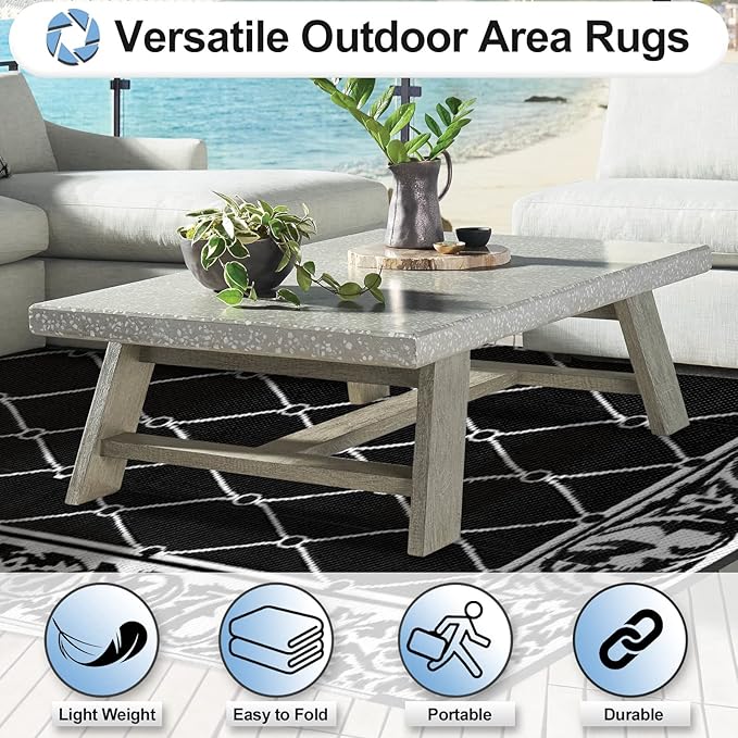 OutdoorLines Indoor Outdoor Rugs for Patio 6x9 ft - Reversible Outside Carpet, Stain & UV Resistant Portable RV Mats, Plastic Straw Rug for Camping, Pool Deck, Porch Rhombus Black & White