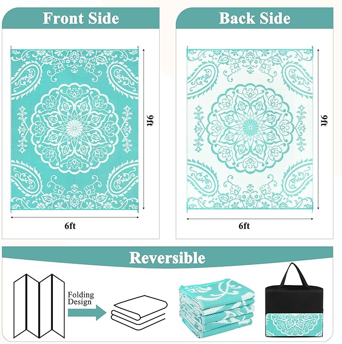 Pauwer Waterproof Outdoor Rug 6x9, Reversible Plastic Straw Patio Camping Rug, Indoor Outdoor RV Mat Carpet for Deck, Camper, Porch, Balcony, Backyard, Picnic, Boho Light Blue