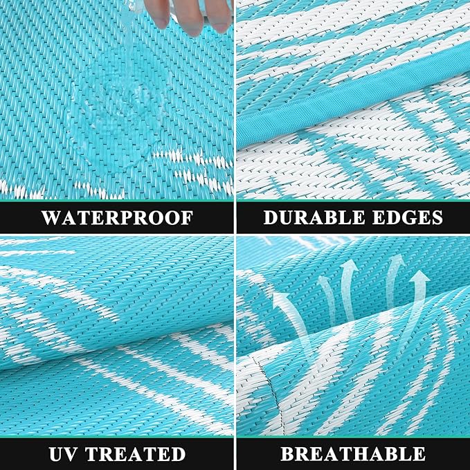 Pauwer Waterproof Outdoor Rug 5x8, Reversible Plastic Straw Patio Camping Rug, Indoor Outdoor RV Mat Carpet for Deck, Camper, Porch, Balcony, Backyard, Picnic, Leaf Teal