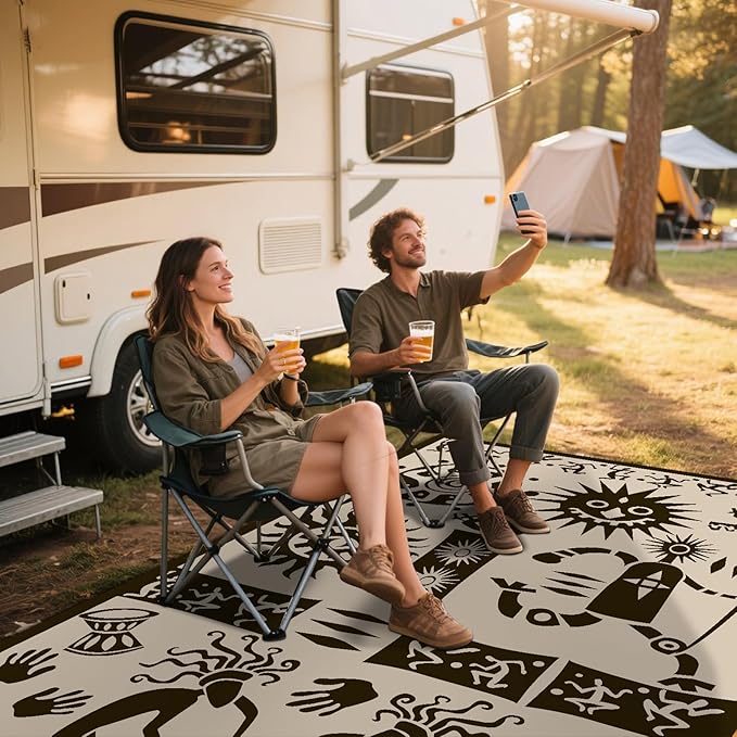 WILDROOTS 5x8 Feet Plastic Tribal Outdoor Rug, Stain Resistant Waterproof Reversible Outdoor Patio Rug, Fade Resistant Camping Rug (Ivory Beige)