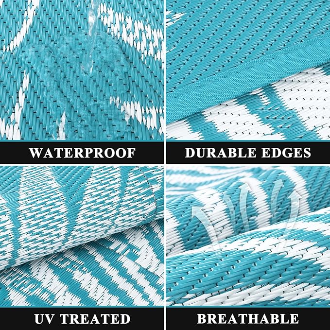 Pauwer Waterproof Outdoor Rug 9x12, Reversible Plastic Straw Patio Camping Rug, Indoor Outdoor RV Mat Carpet for Deck, Camper, Porch, Balcony, Backyard, Picnic, Leaf Teal