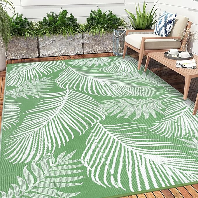 Pauwer Waterproof Outdoor Rug 6x9, Reversible Plastic Straw Patio Camping Rug, Indoor Outdoor RV Mat Carpet for Deck, Camper, Porch, Balcony, Backyard, Picnic, Leaf Green