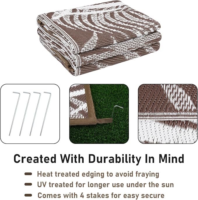 HiiARug Outdoor Rugs 9'x12' for Patios Clearance Brown Reversible Outdoor Rug, Outdoor Plastic Straw Rug RV Camping Rug Large Outdoor Mat for RV, Patio, Backyard, Deck, Picnic, Beach, Trailer, Camping