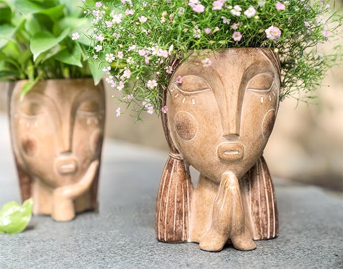 Face Planter Pots with Drainage Hole, Resin Head Planters for Indoor Plants Flower Plant Pots Succulent Pot, Cute Girl Face Planter Gifts for Lover-Praying