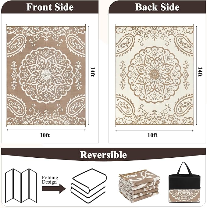 Pauwer Waterproof Outdoor Rug 10x14, Reversible Plastic Straw Patio Camping Rug, Indoor Outdoor RV Mat Carpet for Deck, Camper, Porch, Balcony, Backyard, Picnic, Boho Brown