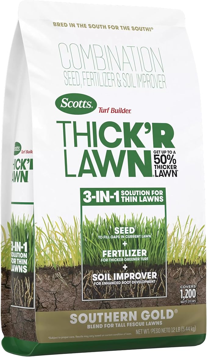 Scotts Turf Builder Thick'R Lawn Southern Gold Blend for Tall Fescue Lawns, Grass Seed, Fertilizer, and Soil Improver, 12 lb.
