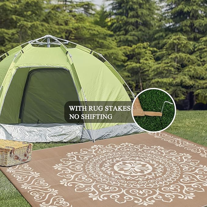 Pauwer Waterproof Outdoor Rug 6x9, Reversible Plastic Straw Patio Camping Rug, Indoor Outdoor RV Mat Carpet for Deck, Camper, Porch, Balcony, Backyard, Picnic, Floral Brown