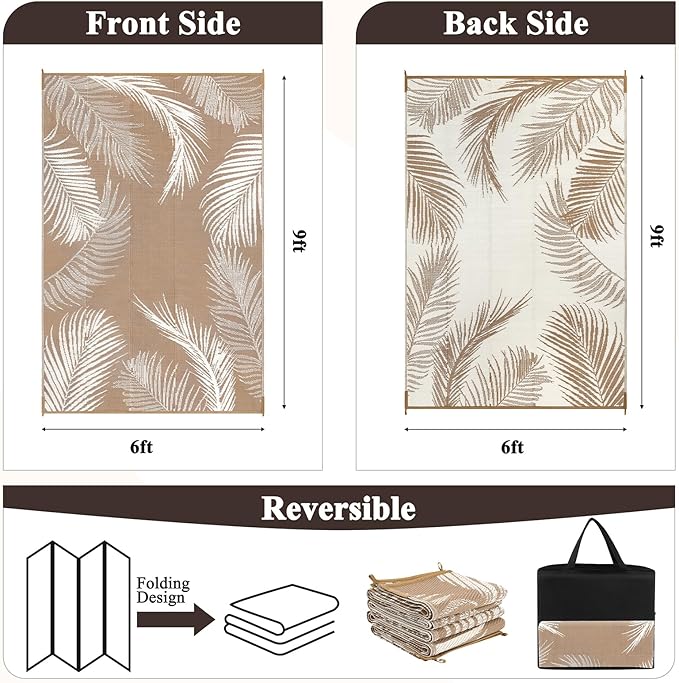 Pauwer Waterproof Outdoor Rug 6x9, Reversible Plastic Straw Patio Camping Rug, Indoor Outdoor RV Mat Carpet for Deck, Camper, Porch, Balcony, Backyard, Picnic, Leaf Brown