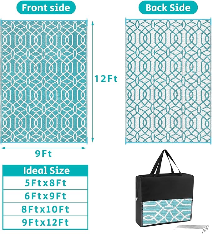 HEBE Outdoor Rug Waterproof 9x12, Reversible Plastic Straw Rug RV Camping Rug, Indoor Outdoor Patio Mat Clearance, Outside Carpet for Porch,Deck,Camper,Balcony,Backyard,Picnic