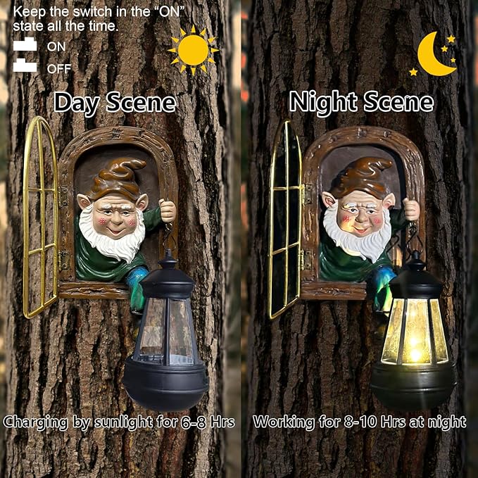 Fairy Garden Statues Gnomes Solar Lantern - Whimsical Elf Out The Door Tree Hugger Figurines Fence Wall Yard Art Home Decor Outdoor Tree Face Sculpture, Ideal Birthday Housewarming Decorations Gifts