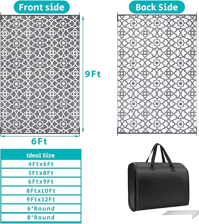 HEBE Outdoor Rug Waterproof 6x9, Plastic Straw Rug Camping Rug, Reversible Outdoor Patio Rugs RV Mat Clearance, Indoor Outside Floor Carpet for Porch,Deck,Camper,Balcony,Backyard