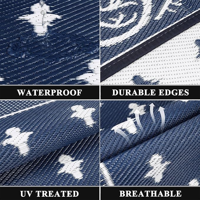 Pauwer Waterproof Outdoor Rug 6x9, Reversible Plastic Straw Patio Camping Rug, Indoor Outdoor RV Mat Carpet for Deck, Camper, Porch, Balcony, Backyard, Picnic, Bordered Navy