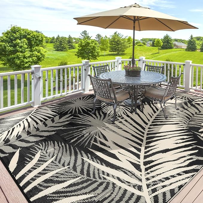 Outdoor Rug Waterproof for Patios Clearance, Reversible Outdoor Plastic Straw Rug Camping Carpet, Outside Floor Mats Large Area Rugs for RV,Patio,Deck,Porch,Beach, Balcony,8'x10',Black&Beige