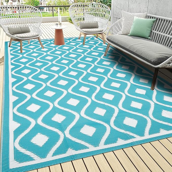 Pauwer Waterproof Outdoor Rug 6x9, Reversible Plastic Straw Patio Camping Rug, Indoor Outdoor RV Mat Carpet for Deck, Camper, Porch, Balcony, Backyard, Picnic, Geometric Teal