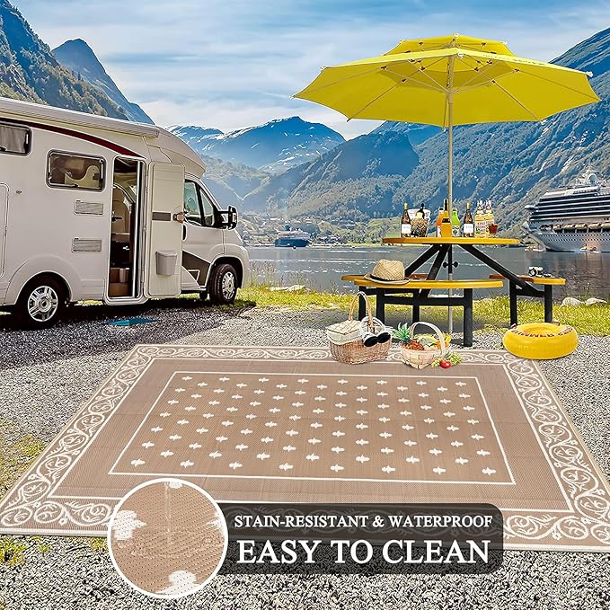 Pauwer Waterproof Outdoor Rug 9x12, Reversible Plastic Straw Patio Camping Rug, Indoor Outdoor RV Mat Carpet for Deck, Camper, Porch, Balcony, Backyard, Picnic, Bordered Beige