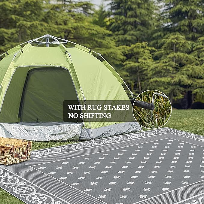 Pauwer Waterproof Outdoor Rug 8x10, Reversible Plastic Straw Patio Camping Rug, Indoor Outdoor RV Mat Carpet for Deck, Camper, Porch, Balcony, Backyard, Picnic, Bordered Grey