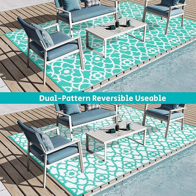 HEBE Outdoor Rug Waterproof 6x9, Reversible Plastic Straw Rug RV Camping Rug, Indoor Outdoor Patio Mat Clearance, Outside Carpet for Porch,Deck,Camper,Balcony,Backyard,Picnic