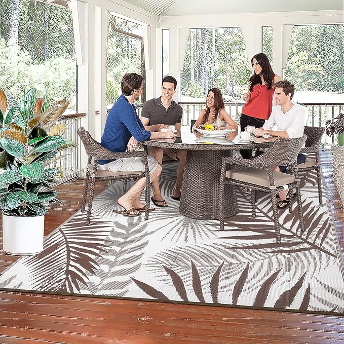 Outdoor Rug Waterproof for Patios Clearance, Reversible Outdoor Plastic Straw Rug Camping Carpet, Outside Floor Mats Large Area Rugs for RV,Patio,Deck,Porch,Beach,Balcony,10'x8',Brown&White