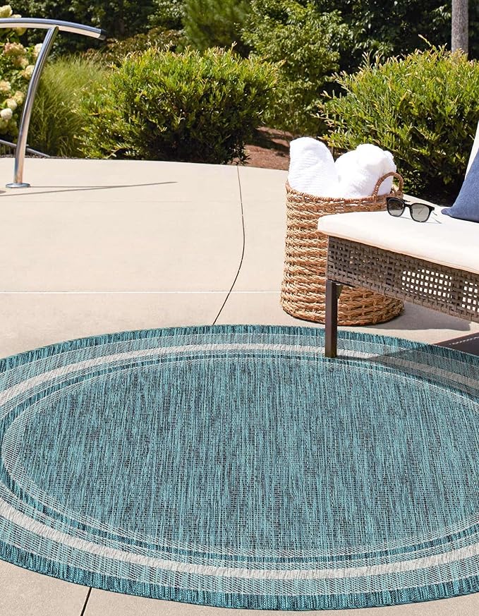 Unique Loom Outdoor Border Collection Area Rug - Soft Border (5' 1" Round, Teal/ Ivory)