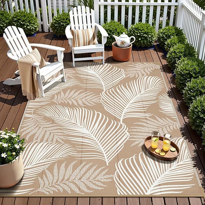 Pauwer Waterproof Outdoor Rug 5x8, Reversible Plastic Straw Patio Camping Rug, Indoor Outdoor RV Mat Carpet for Deck, Camper, Porch, Balcony, Backyard, Picnic, Leaf Brown